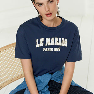 Navy Blue Le Marais Paris City Graphic Short Sleeve Crew Neck Top