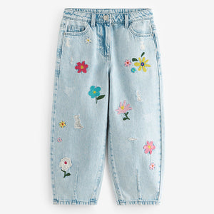 Light Blue Denim 100% Cotton Floral Embroidered Balloon Jeans (3-12yrs)