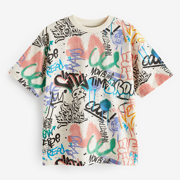 Ecru Cream Graffiti All-Over Print Short Sleeve T-Shirt (4-12yrs)