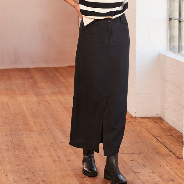 Black Linen Blend Midi Column Skirt