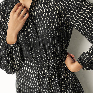 Black Moon Print Mini Tie Belt Shirt Dress