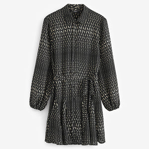 Black Moon Print Mini Tie Belt Shirt Dress