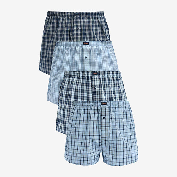 Mixed Blue Check 4 pack Woven Pure 100% Cotton Boxers