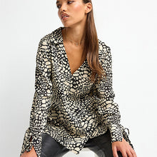 Load image into Gallery viewer, Monochrome Print Tie Sleeve Textured Collared V-Neck Blouse
