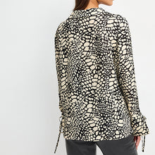 Load image into Gallery viewer, Monochrome Print Tie Sleeve Textured Collared V-Neck Blouse
