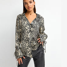 Load image into Gallery viewer, Monochrome Print Tie Sleeve Textured Collared V-Neck Blouse
