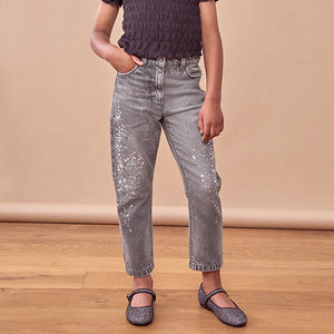 Charcoal Mom Sequin Embellished 100% Cotton Jeans (3-12yrs)