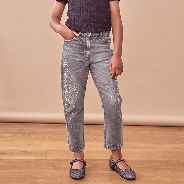 Charcoal Mom Sequin Embellished 100% Cotton Jeans (3-12yrs)