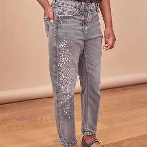 Charcoal Mom Sequin Embellished 100% Cotton Jeans (3-12yrs)