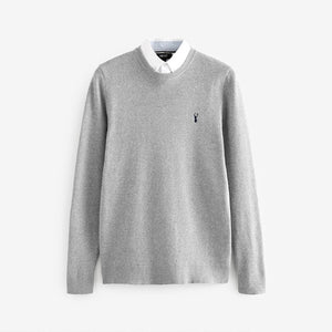 Grey Oxford Crew Neck Regular Mock Shirt Jumper