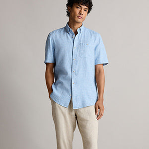 Blue Standard Collar Linen Blend Short Sleeve 100% Cotton Shirt