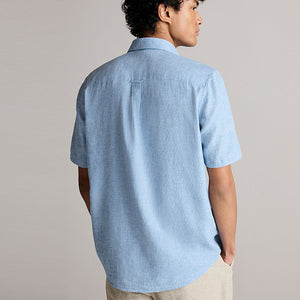 Blue Standard Collar Linen Blend Short Sleeve 100% Cotton Shirt