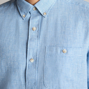 Blue Standard Collar Linen Blend Short Sleeve 100% Cotton Shirt