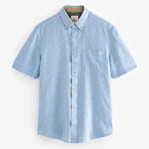 Blue Standard Collar Linen Blend Short Sleeve 100% Cotton Shirt