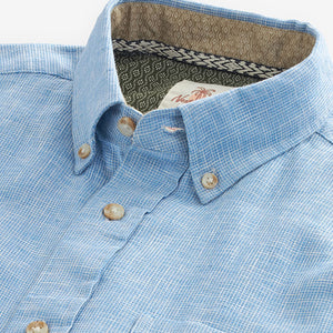 Blue Standard Collar Linen Blend Short Sleeve 100% Cotton Shirt