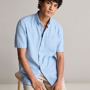 Blue Standard Collar Linen Blend Short Sleeve 100% Cotton Shirt