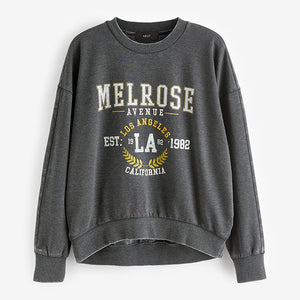 Charcoal Grey Washed Melrose Los Angeles LA City Graphic Slogan Sweatshirt