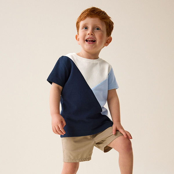 Blue/Navy 100% Cotton Short Sleeve Colourblock T-Shirt (3mths-5-6yrs)