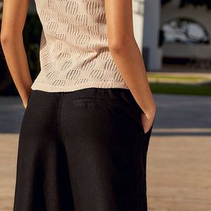 Black Wide Leg Trousers With Linen