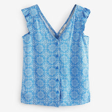 Load image into Gallery viewer, Blue Linen Blend Ruffle Sleeve Top
