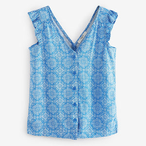 Blue Linen Blend Ruffle Sleeve Top