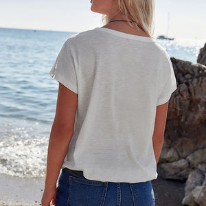 White V-Neck 100% Cotton Bubble Hem Top