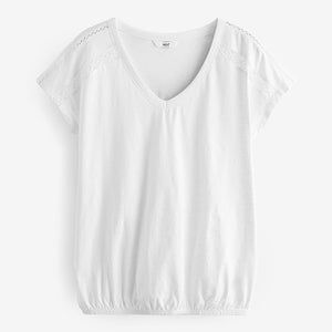 White V-Neck 100% Cotton Bubble Hem Top