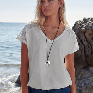 White V-Neck 100% Cotton Bubble Hem Top