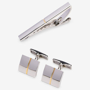 2 Tone Silver/Gold Cufflink And Tie Clip Set
