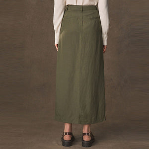 Khaki Green Linen Blend Midi Column Skirt