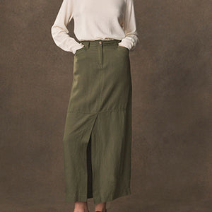 Khaki Green Linen Blend Midi Column Skirt