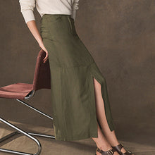 Load image into Gallery viewer, Khaki Green Linen Blend Midi Column Skirt
