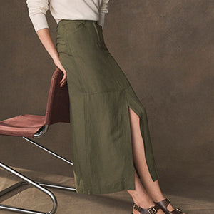 Khaki Green Linen Blend Midi Column Skirt