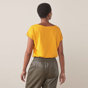 Ochre Yellow Round Neck Cap Sleeve T-Shirt