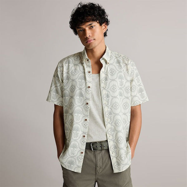 White 100% Cotton Printed Short Sleeve Oxford Shirt