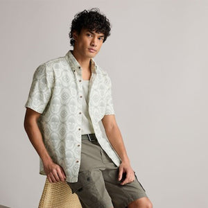 White 100% Cotton Printed Short Sleeve Oxford Shirt