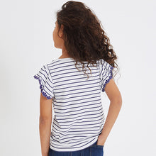 Load image into Gallery viewer, Navy Blue/White Broderie Frill Sleeve T-Shirt
