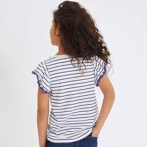 Navy Blue/White Broderie Frill Sleeve T-Shirt