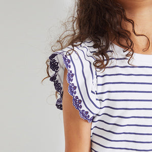 Navy Blue/White Broderie Frill Sleeve T-Shirt