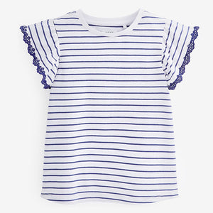 Navy Blue/White Broderie Frill Sleeve T-Shirt