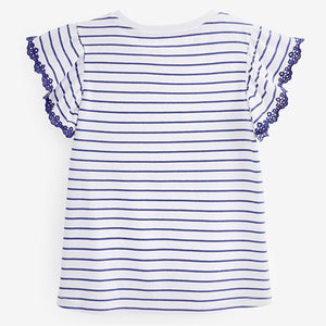 Navy Blue/White Broderie Frill Sleeve T-Shirt