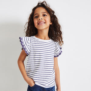 Navy Blue/White Broderie Frill Sleeve T-Shirt