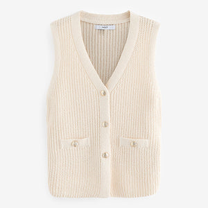 Ecru Cream Gold Button Knitted Waistcoat