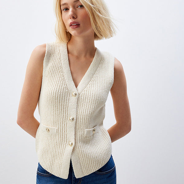 Ecru Cream Gold Button Knitted Waistcoat