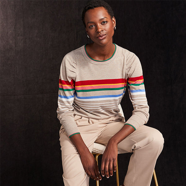 Neutral with Rainbow Stripe Crew Neck Long Sleeve Pattern Knitted Jumper