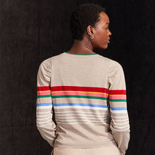 Load image into Gallery viewer, Neutral with Rainbow Stripe Crew Neck Long Sleeve Pattern Knitted Jumper
