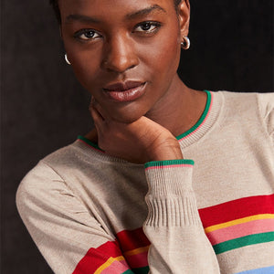 Neutral with Rainbow Stripe Crew Neck Long Sleeve Pattern Knitted Jumper
