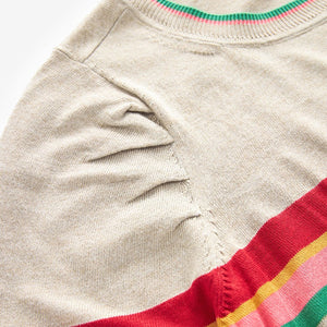 Neutral with Rainbow Stripe Crew Neck Long Sleeve Pattern Knitted Jumper