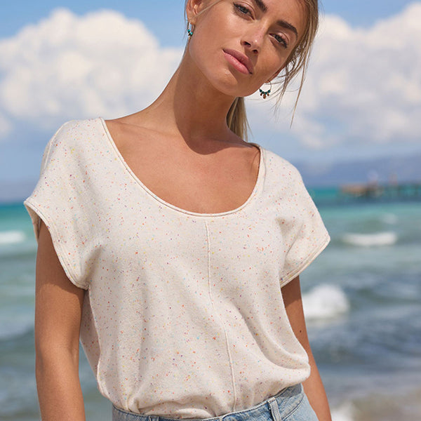 Ecru Cream Scoop Neck Knitted Short Sleeve T-Shirt