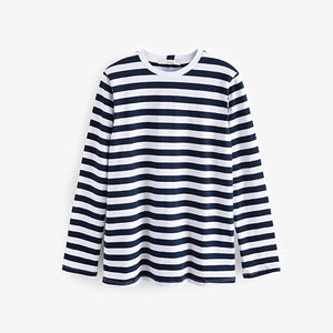 Navy/White Heavyweight Long Sleeve 100% Cotton T-Shirt